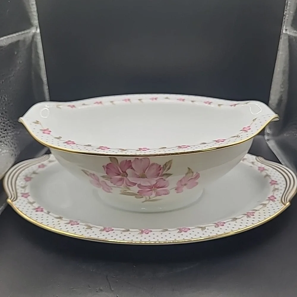 Vintage Noritake Elaine 5210 Gravy Boat Underplate‎ Pink Floral Gold Trim